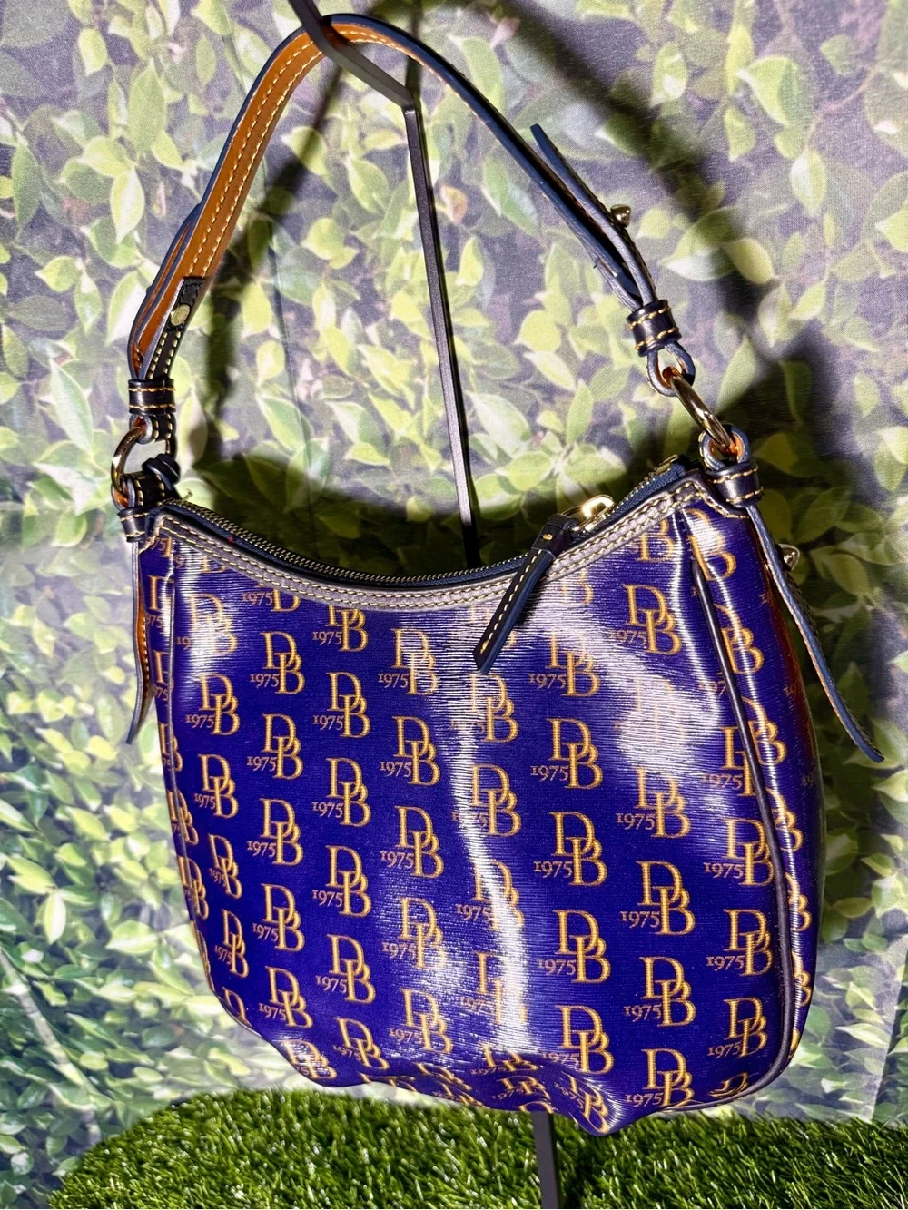 Dooney & Bourke Navy Blue & Gold 1975 Monogram Coated Canvas Hobo Bag